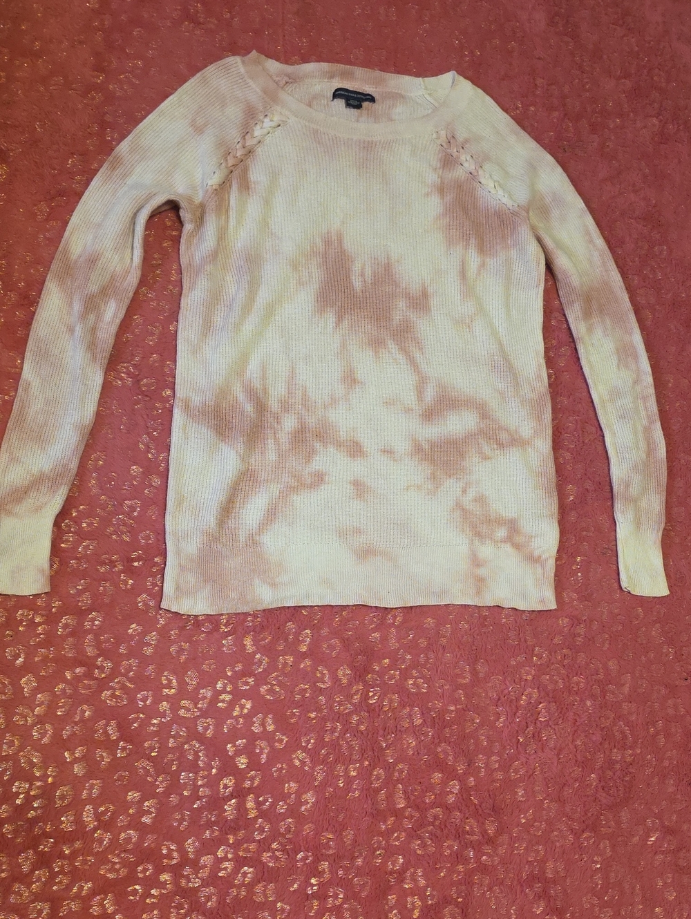 American Eagle Outfitters Pink and Cream Tie-Dye Ribbed Crew Sweater